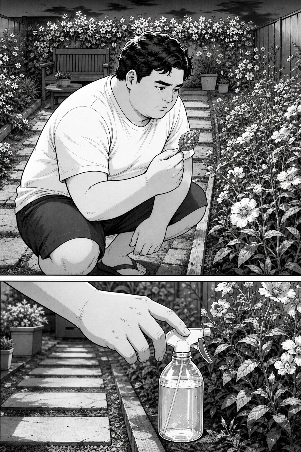 Kai studies the damaged plant with a serious expression, then reaches for a plain spray bottle beside the flower bed.