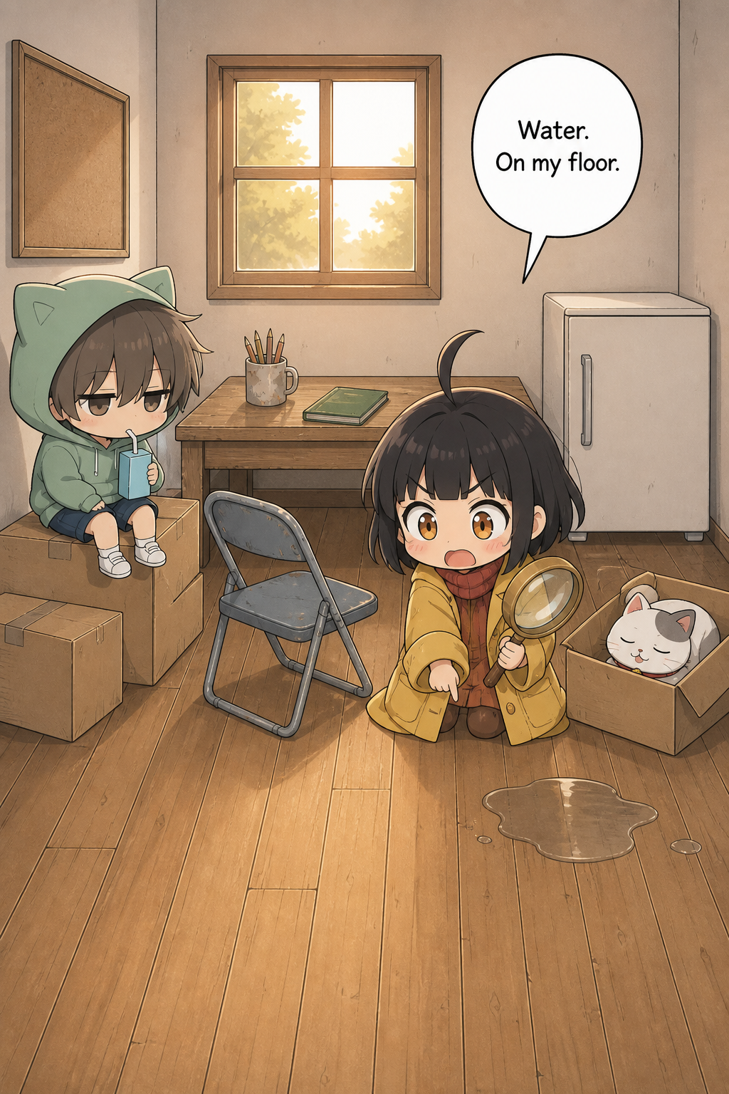 Wide view of the Tiny Case Agency clubroom in warm afternoon light. A chibi girl in an oversized mustard-yellow coat crouches and points a magnifying glass at a small puddle of clear water on the wooden floor near the corner. A chibi boy in a mint-green cat-ear hoodie sips a juice box on the cardboard boxes, a round white cat sleeps in an open box, and a small white mini-fridge stands in the corner.
