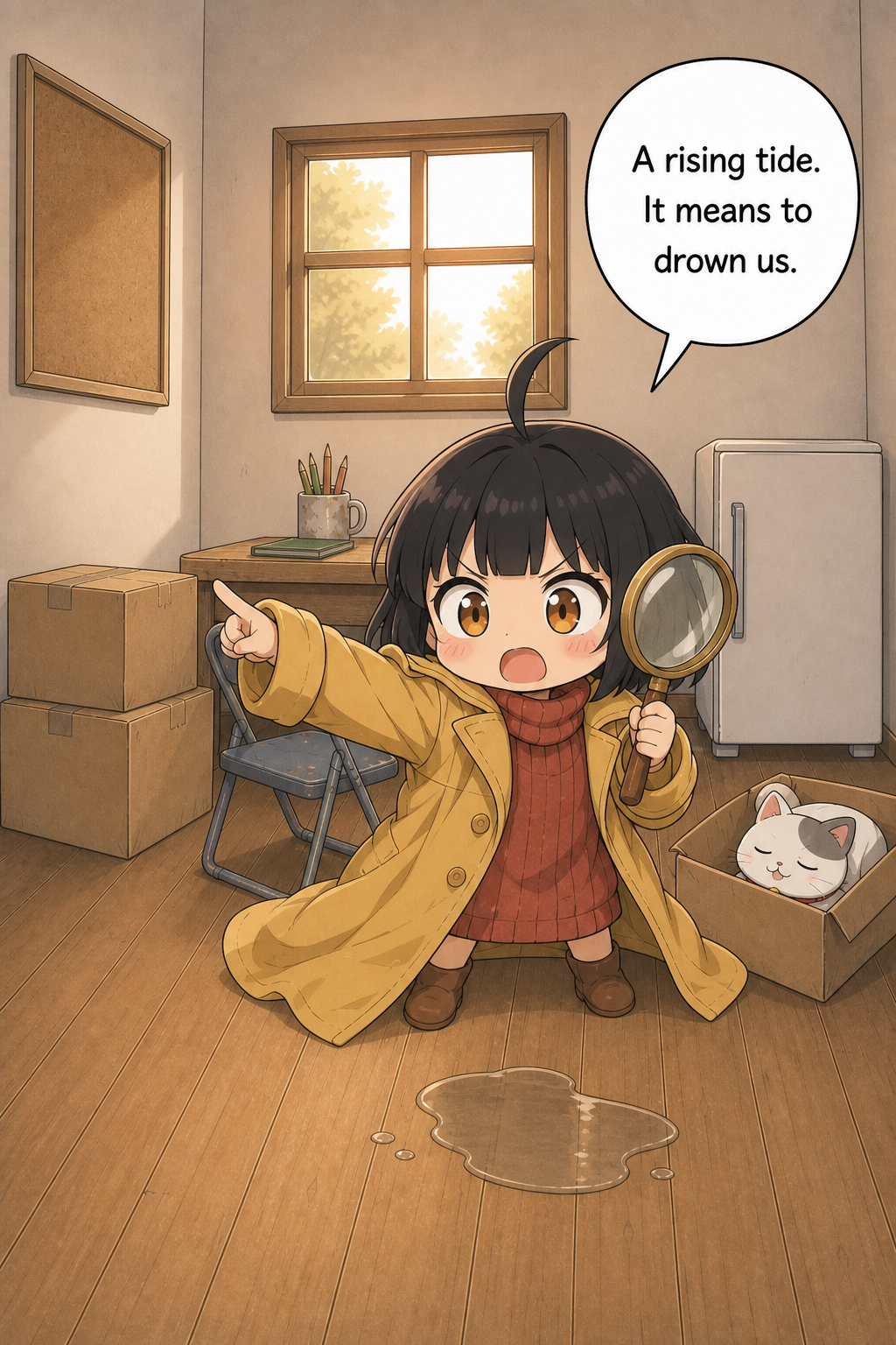 Low-angle view of the chibi girl in the mustard-yellow coat and red scarf, holding her magnifying glass in one hand and flinging the other arm out to point, her coat flaring behind her like a cape as she scowls with conviction. A small puddle of clear water sits on the floorboards below.