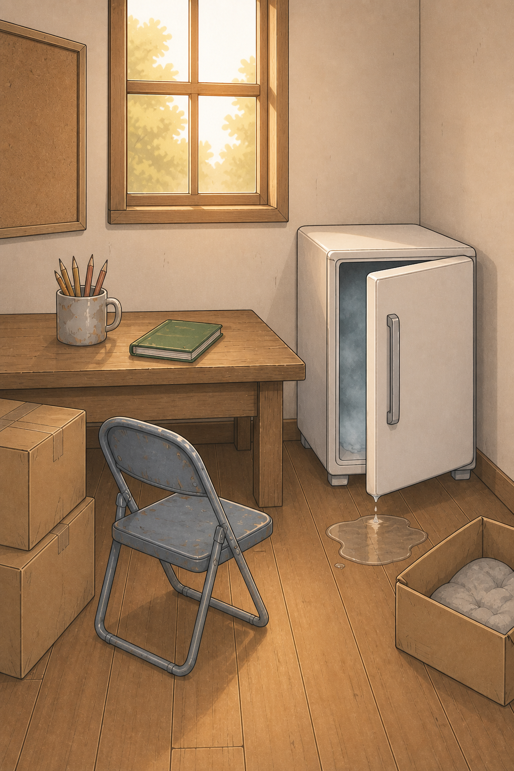 A silent close view of the clubroom corner. The small white mini-fridge stands with its single door slightly ajar, revealing a dark, frosty interior. A bead of condensation drips from the lower edge of the door down to a small puddle of clear water on the floorboards below. No characters, no text.