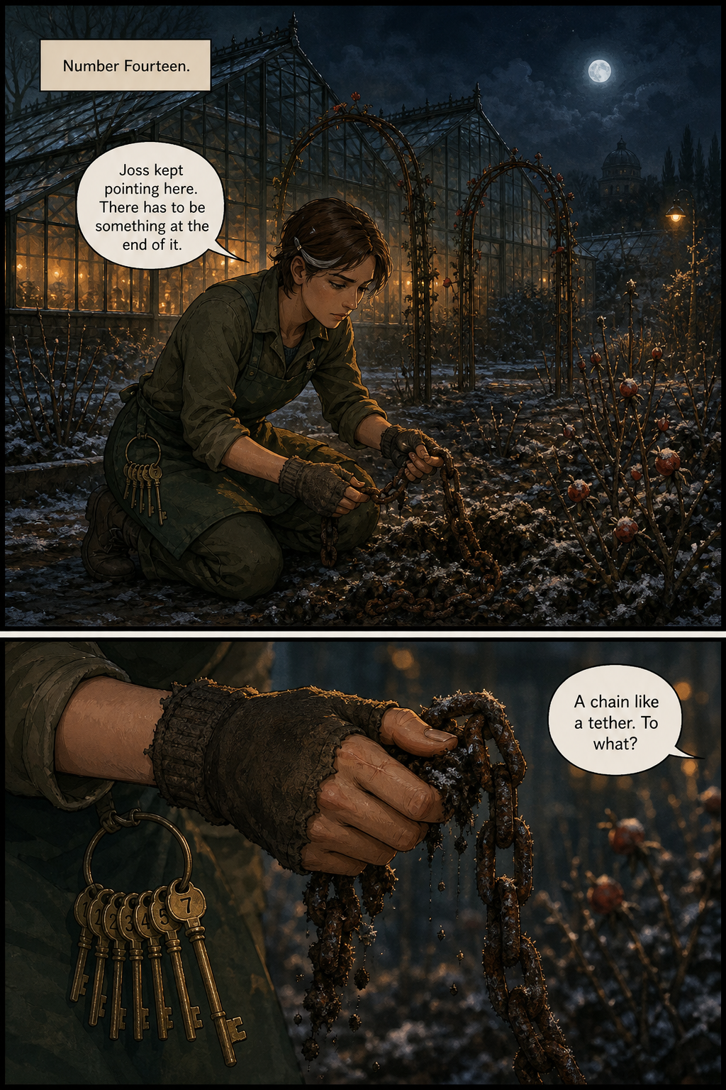 Fern kneels in a frozen rose bed at night, a rusted chain coiled in her gloved hands, moonlight on frost.