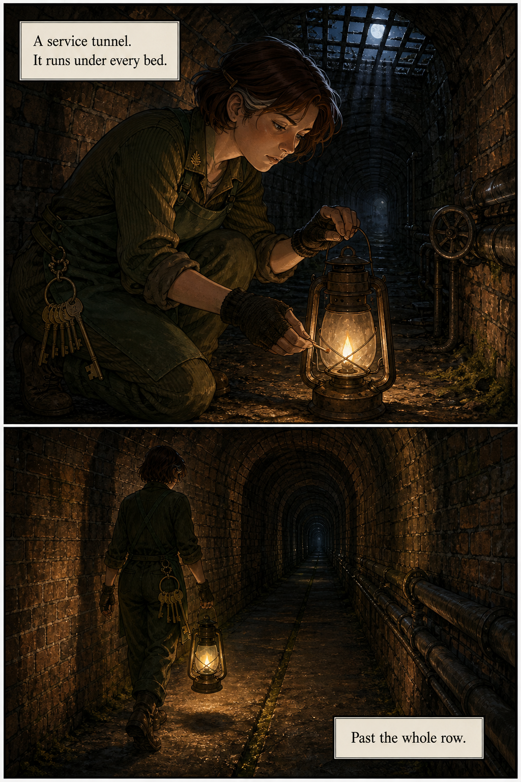 Fern lights an oil lantern inside a low brick service tunnel running under the garden, moonlight through a grate.