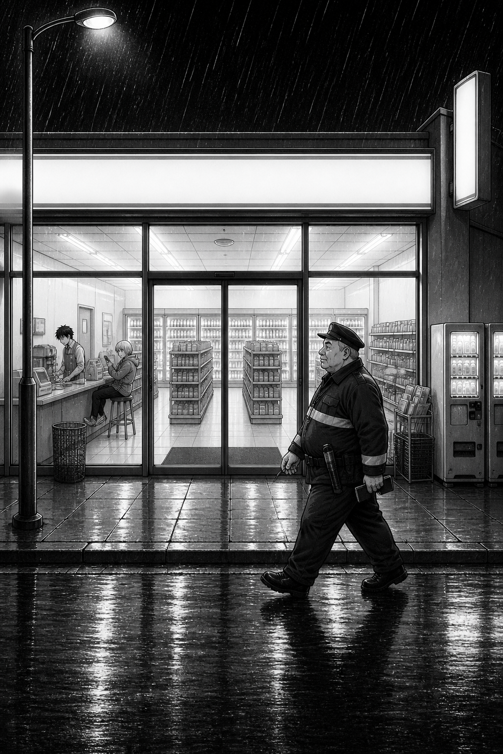 Night, rain. Wide view of a lit convenience store seen from across a wet street; Kaito and Rin are small inside at the counter while a heavyset uniformed night watchman crosses the bright glass in the foreground.