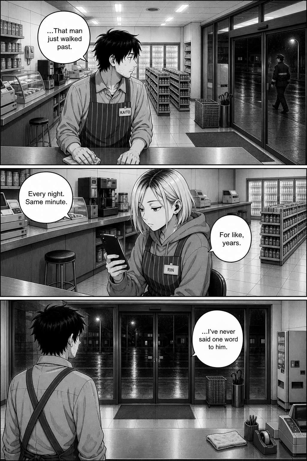 Inside the store: Kaito glances up from the counter toward the glass; Rin, on her phone, says the man passes every night; Kaito realizes he has never spoken to him.