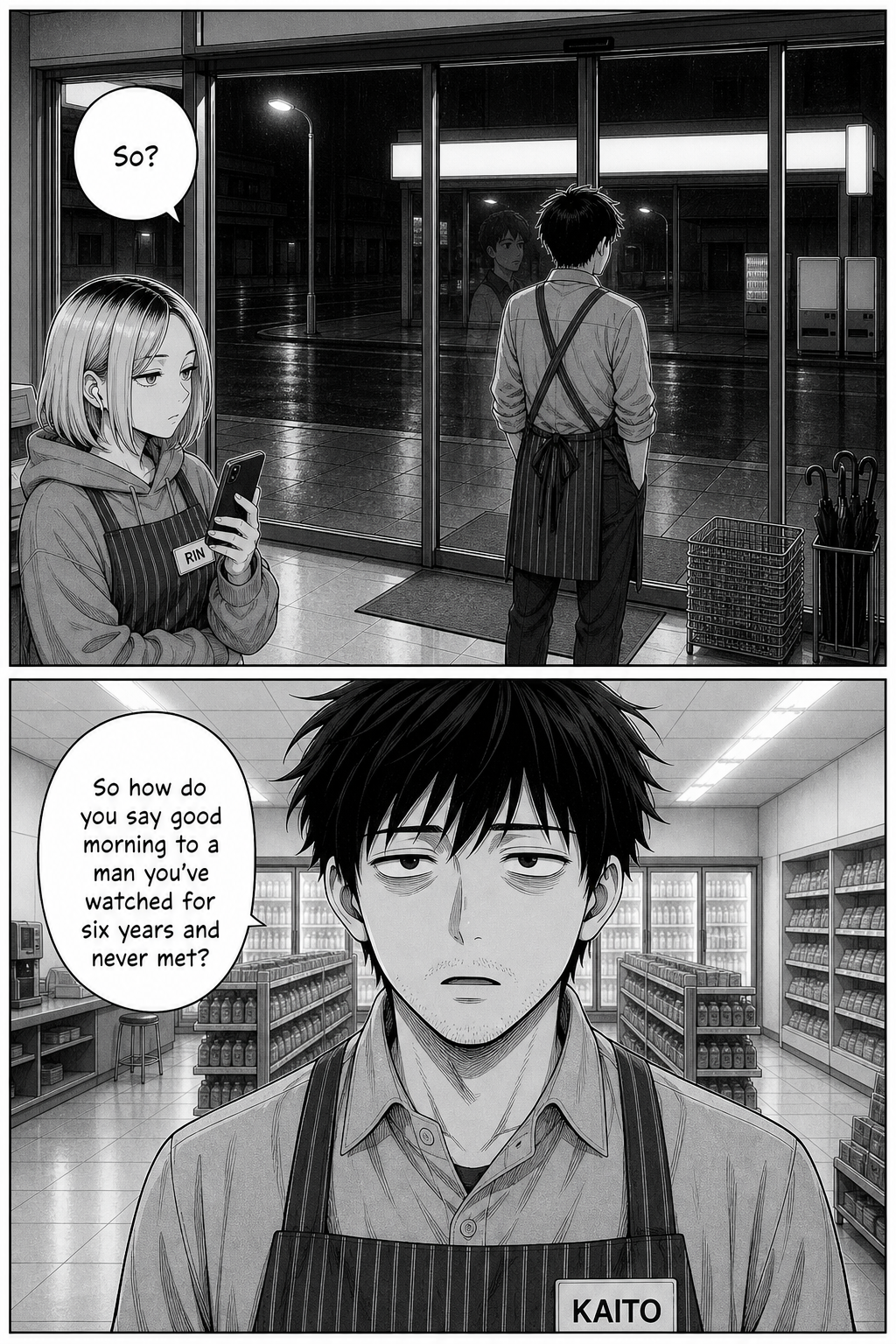 Kaito stands at the store window looking out at the empty wet street; close on his deadpan face as he asks how you greet someone you've watched for years and never met.
