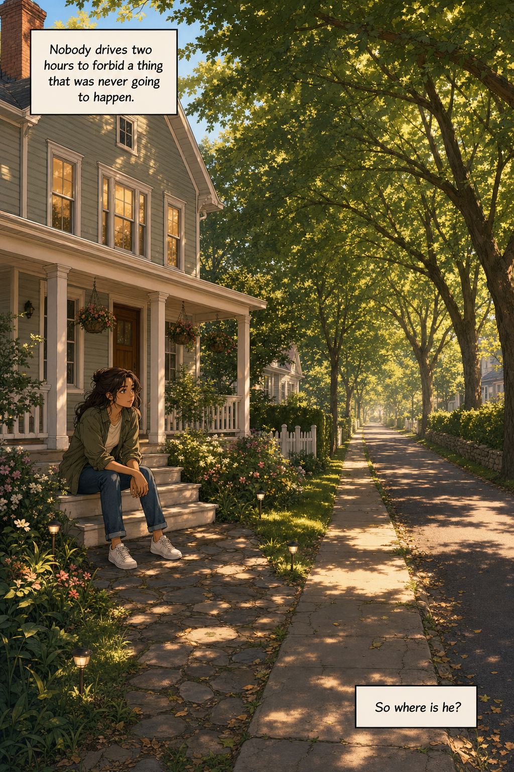Lizzie Bennet sits alone on the porch steps of her family's grey-green clapboard house in the golden morning, looking down an empty tree-lined lane.