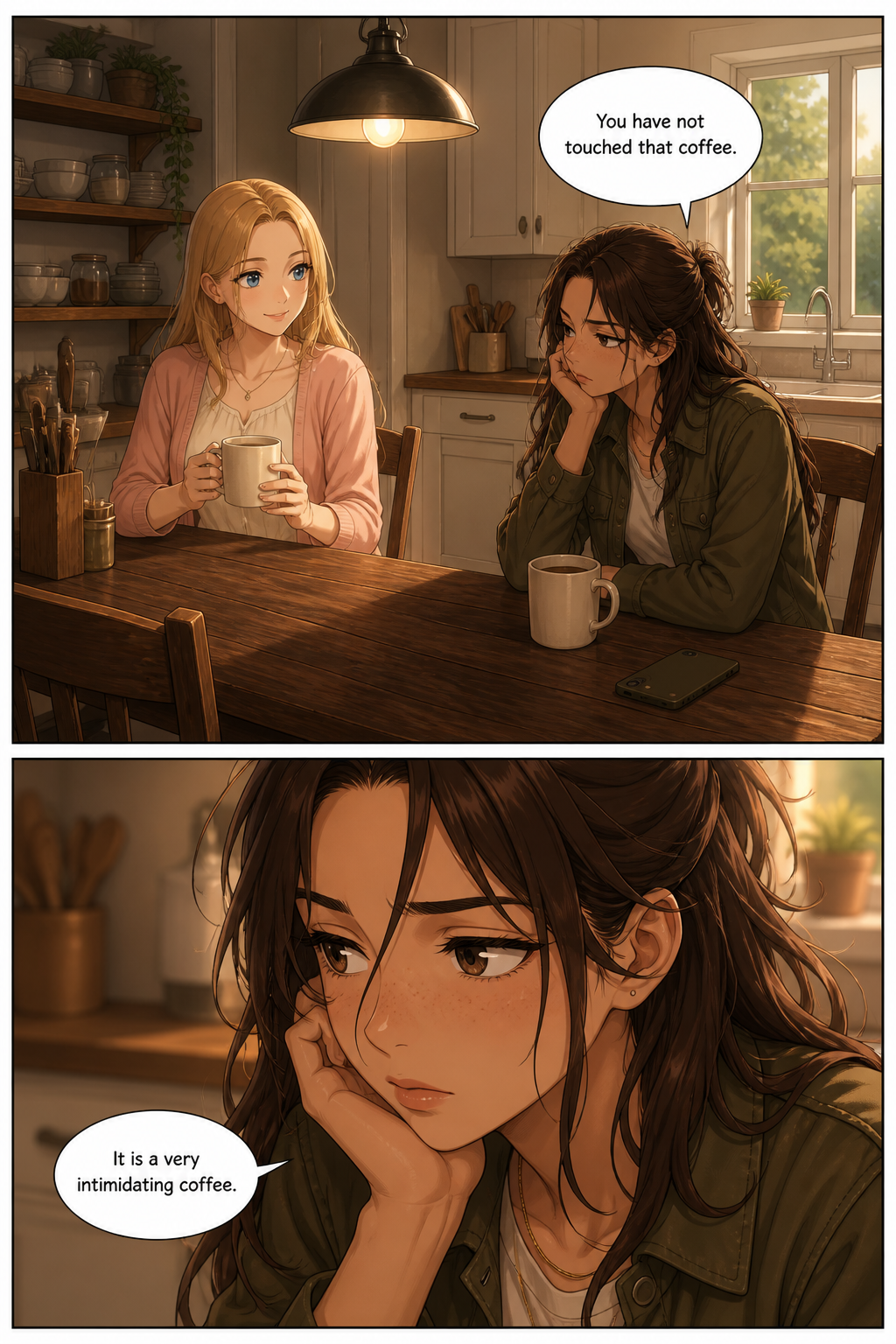 In the warm Bennet kitchen, Jane sits glowing with a mug in both hands while Lizzie slumps opposite with her chin on one hand and an untouched coffee, her phone face-down on the table.