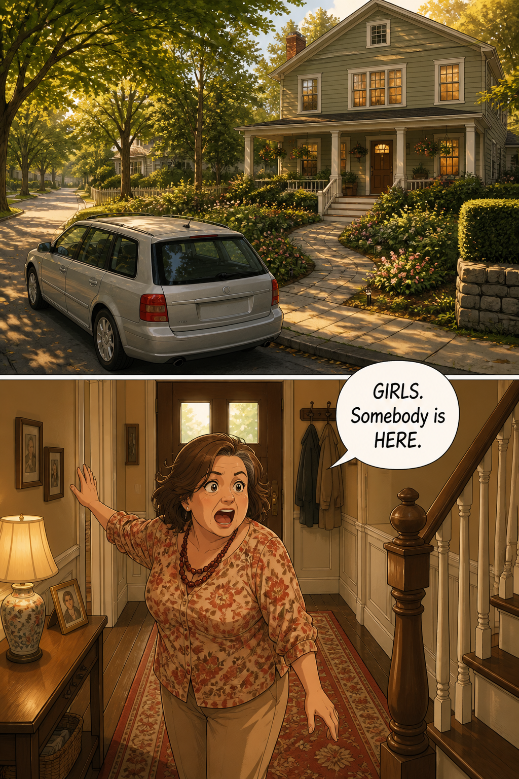 A pale silver station wagon pulls up outside the Bennet house; inside the front hall, Mrs. Bennet spins around from the door mid-shout.