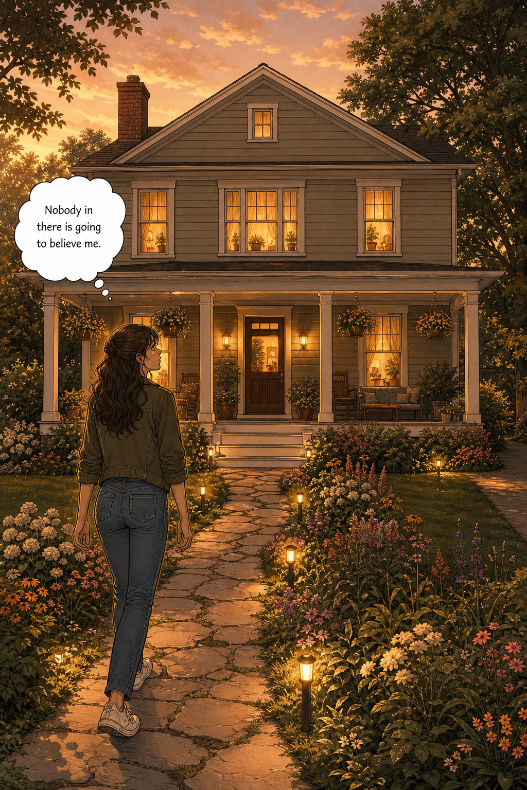 A wide golden-hour view of the two-storey Bennet house with its lit windows and covered porch. Lizzie walks alone up the curving flagstone path through the flower beds, arms loose at her sides, wearing a small dazed smile.