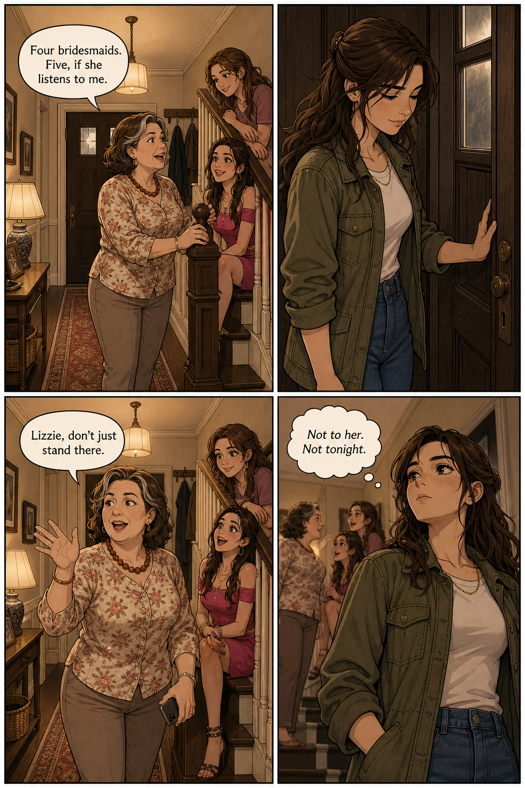 Four panels in the warm Bennet front hall: Mrs. Bennet holds forth about wedding plans at the foot of the stairs with Lydia and Kitty, while Lizzie slips in the front door unnoticed and looks quietly up the staircase.
