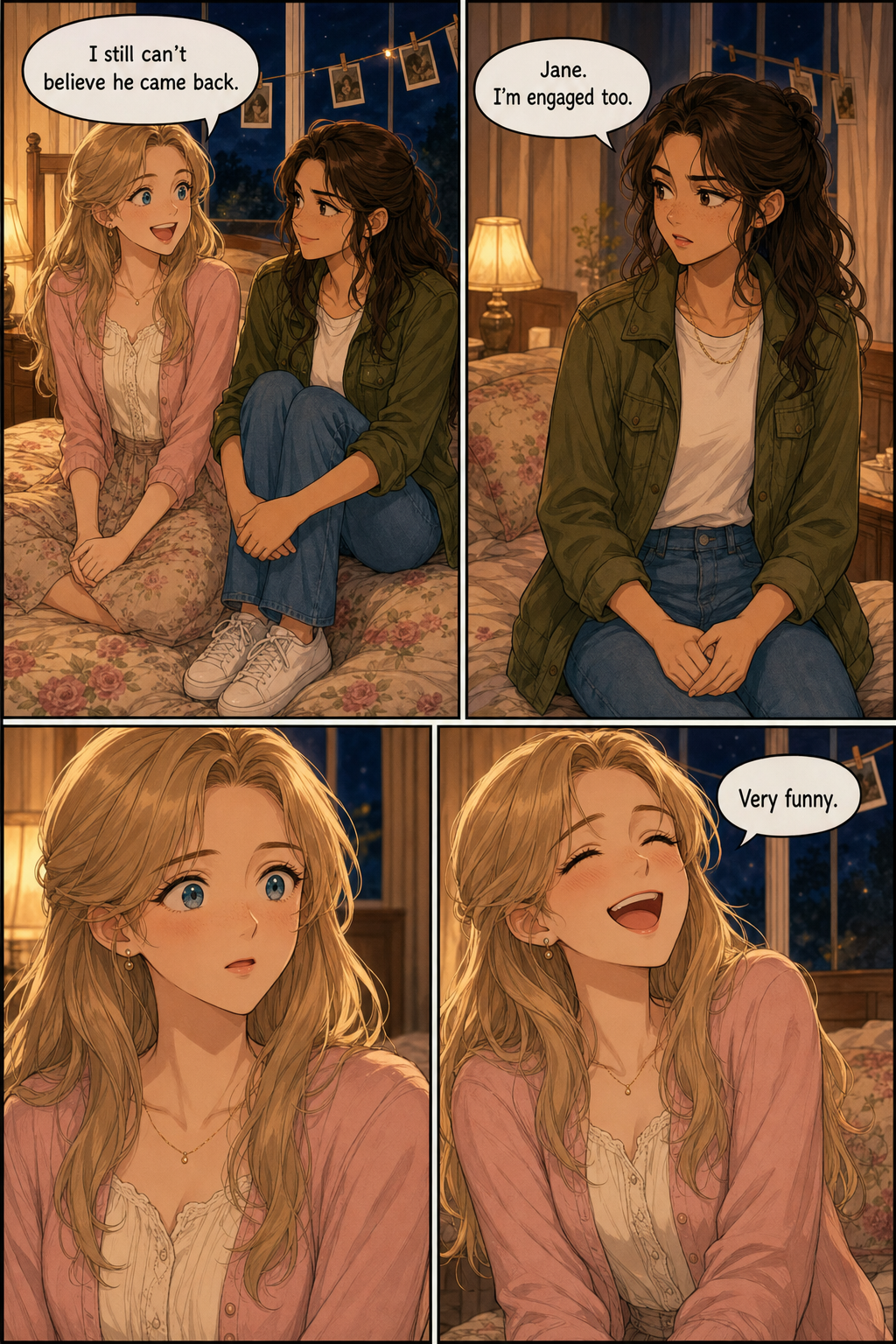 Four panels in the sisters' lamplit bedroom at night. Jane sits radiant on the bed talking about Charles; Lizzie says she is engaged too, and Jane's smile freezes before she laughs it off as a joke.