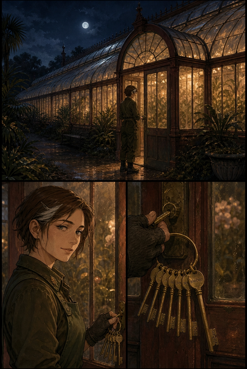 A young person in green clothes stands at the entrance of a large glass greenhouse at night, which is lit from within, and in the bottom image, the same person smiles at the viewer while holding a key ring with many keys, as a gloved hand uses another key to unlock the door.