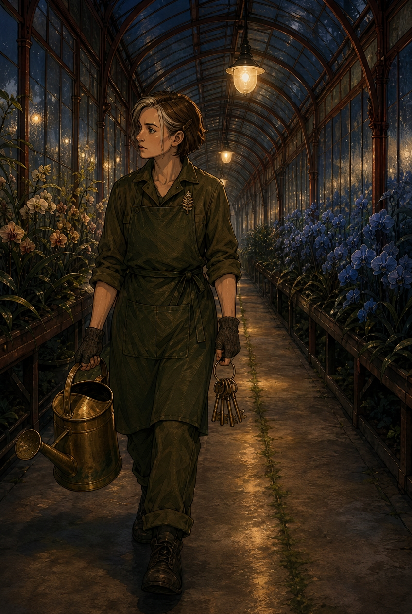 A person with short brown hair and a white streak walks through a glass greenhouse at dusk, carrying a brass watering can in their left hand and a ring of brass keys in their right, looking towards the left.