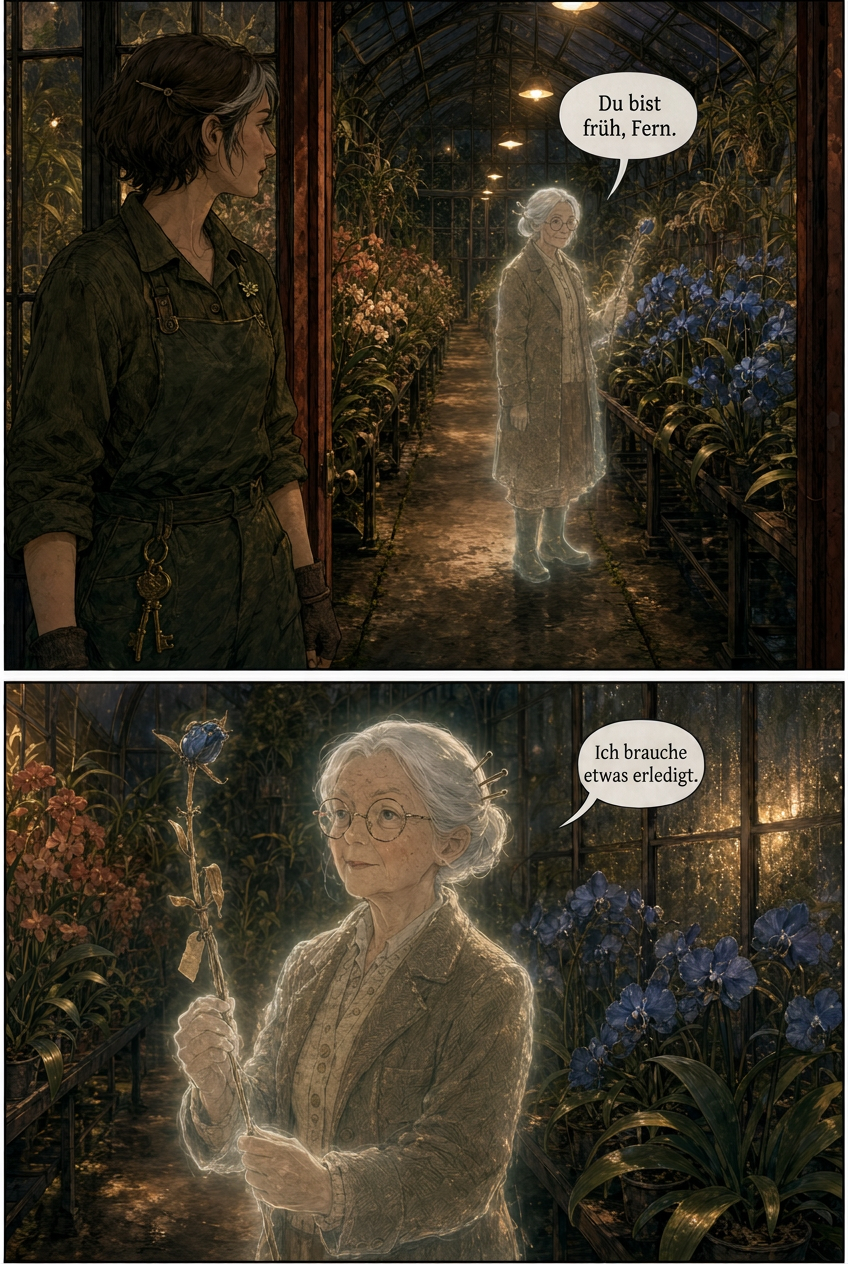 A woman in a dark green apron and shirt looks over her shoulder at a translucent older woman who stands in a greenhouse among flowering plants, and the older woman, holding a blue rose, then looks at her while speaking.