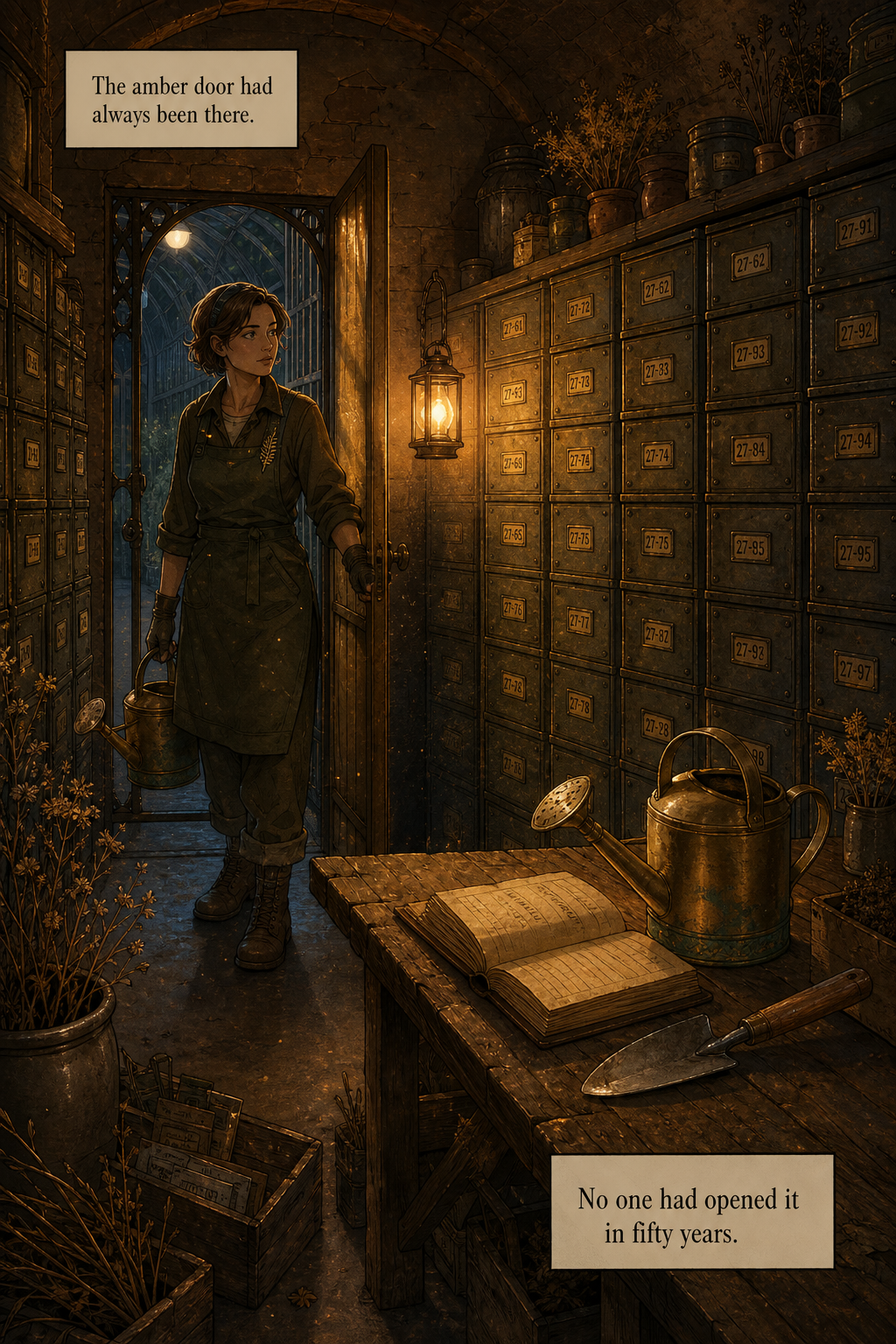 Fern steps from the cold Spine Corridor through a low iron door into a warm underground seed vault: walls of numbered tin seed boxes, a long oak ledger, lantern glow and drifting dust.