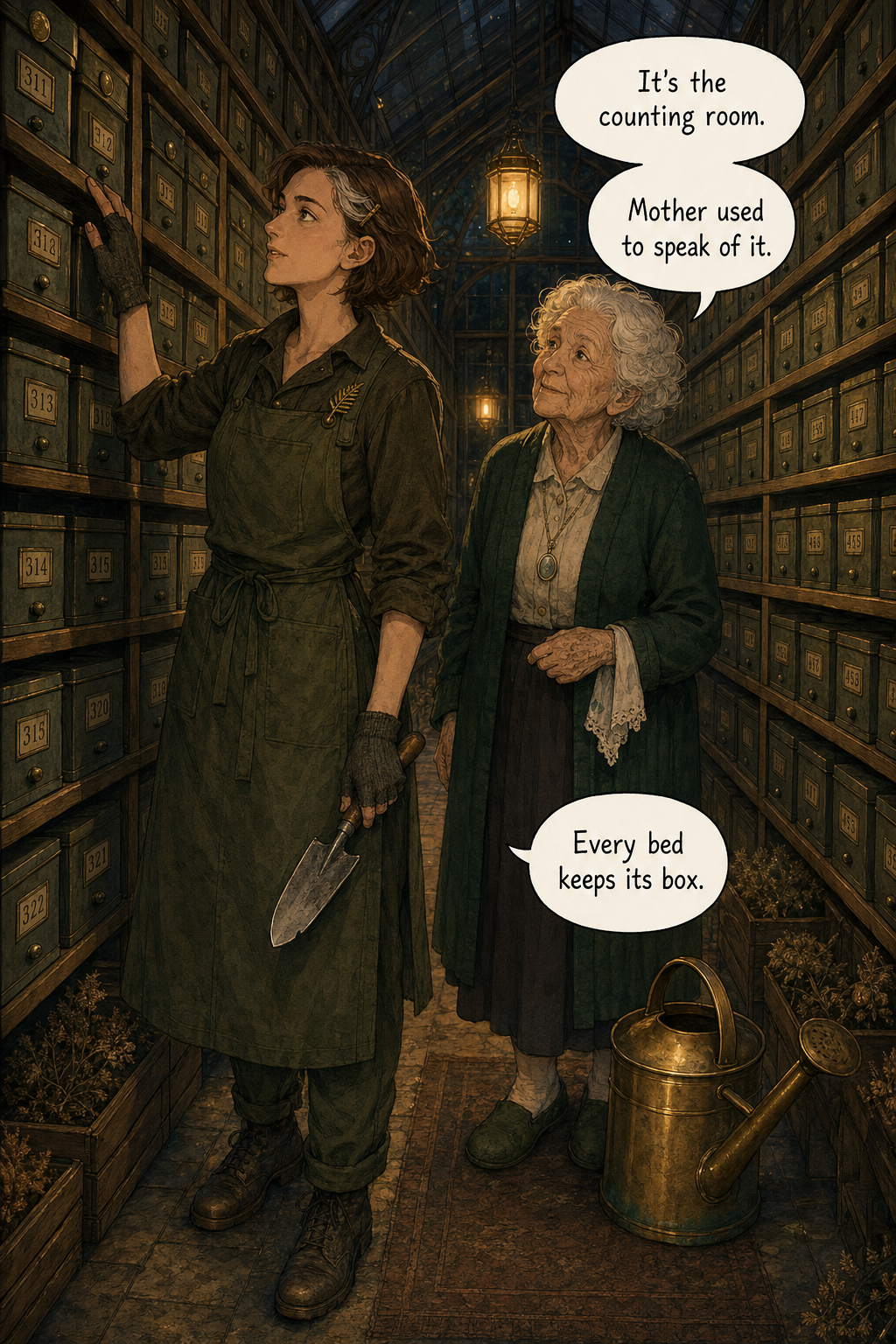 Fern Ashby and elderly Ida Thorpe walk slowly down the vault aisle between tall shelves of numbered tin boxes; Fern touches the boxes, Ida follows in her slippers.