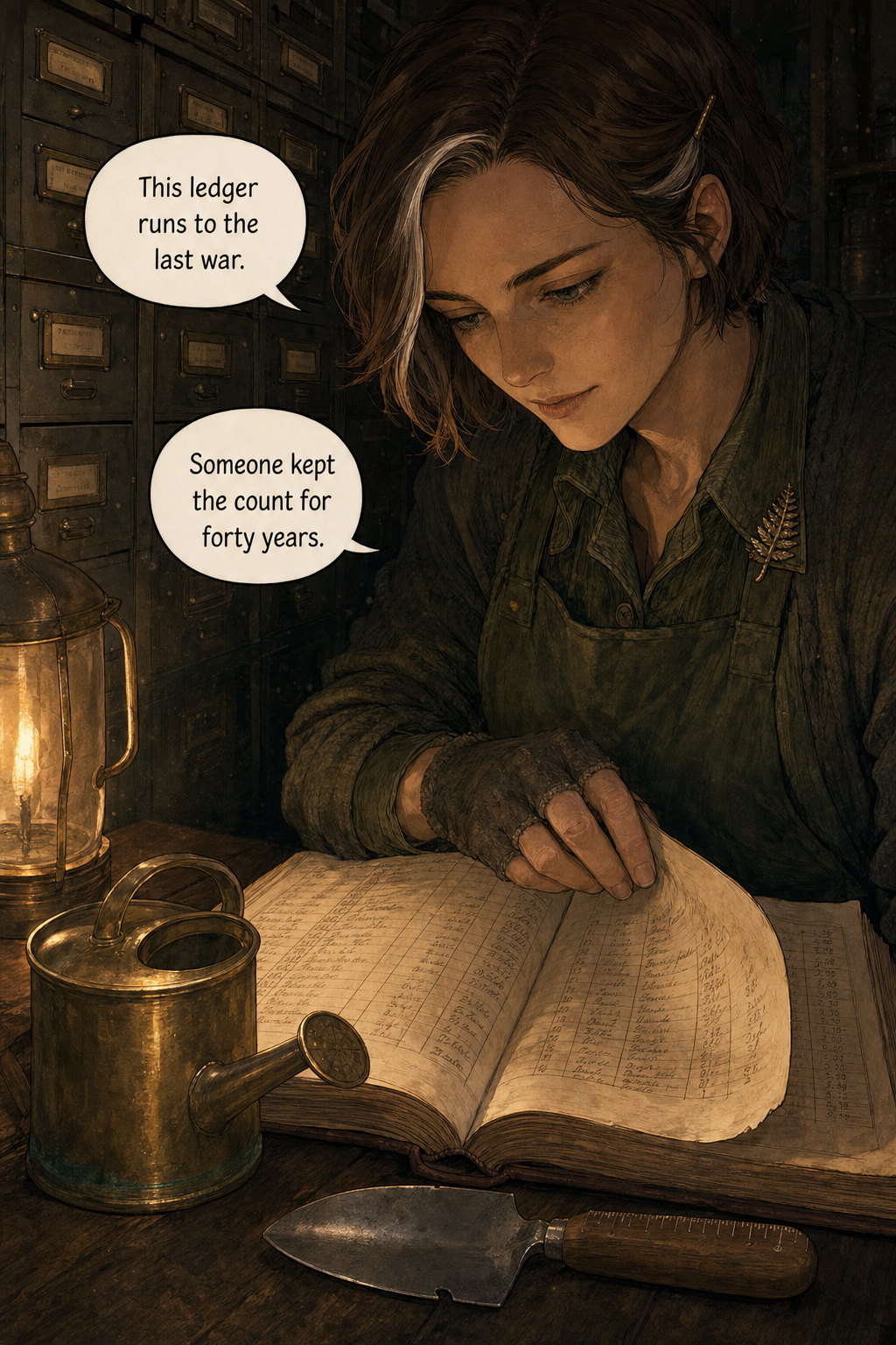 Fern brushes dust off a long oak ledger on a desk, opens it and runs a finger down columns of careful handwriting and numbers in warm lamplight.