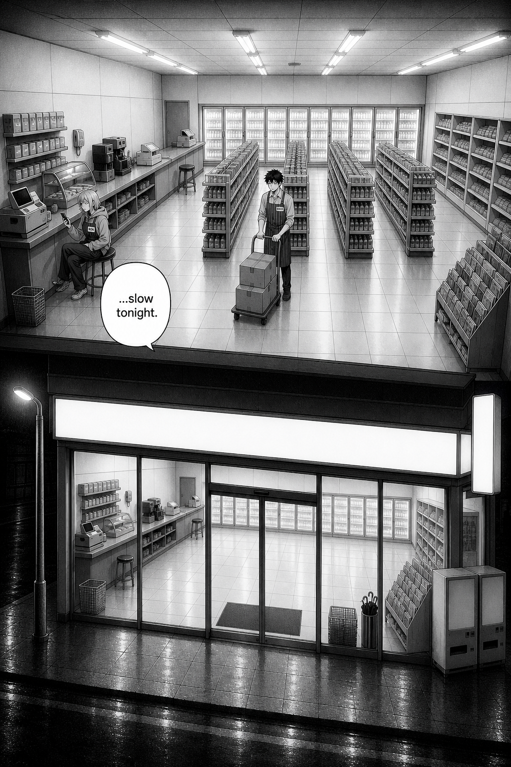 Wide high-angle night view of an empty convenience store: Kaito pushes a hand truck of boxes across the floor while Rin sits at the counter looking at her phone; below, the dark rain-slicked storefront seen from the street.
