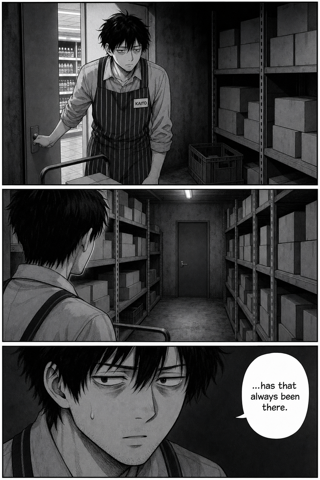 In a dim back-of-house stockroom of metal shelves and boxes, Kaito stops and stares toward a small closed door at the far end; close-up of his uneasy face.