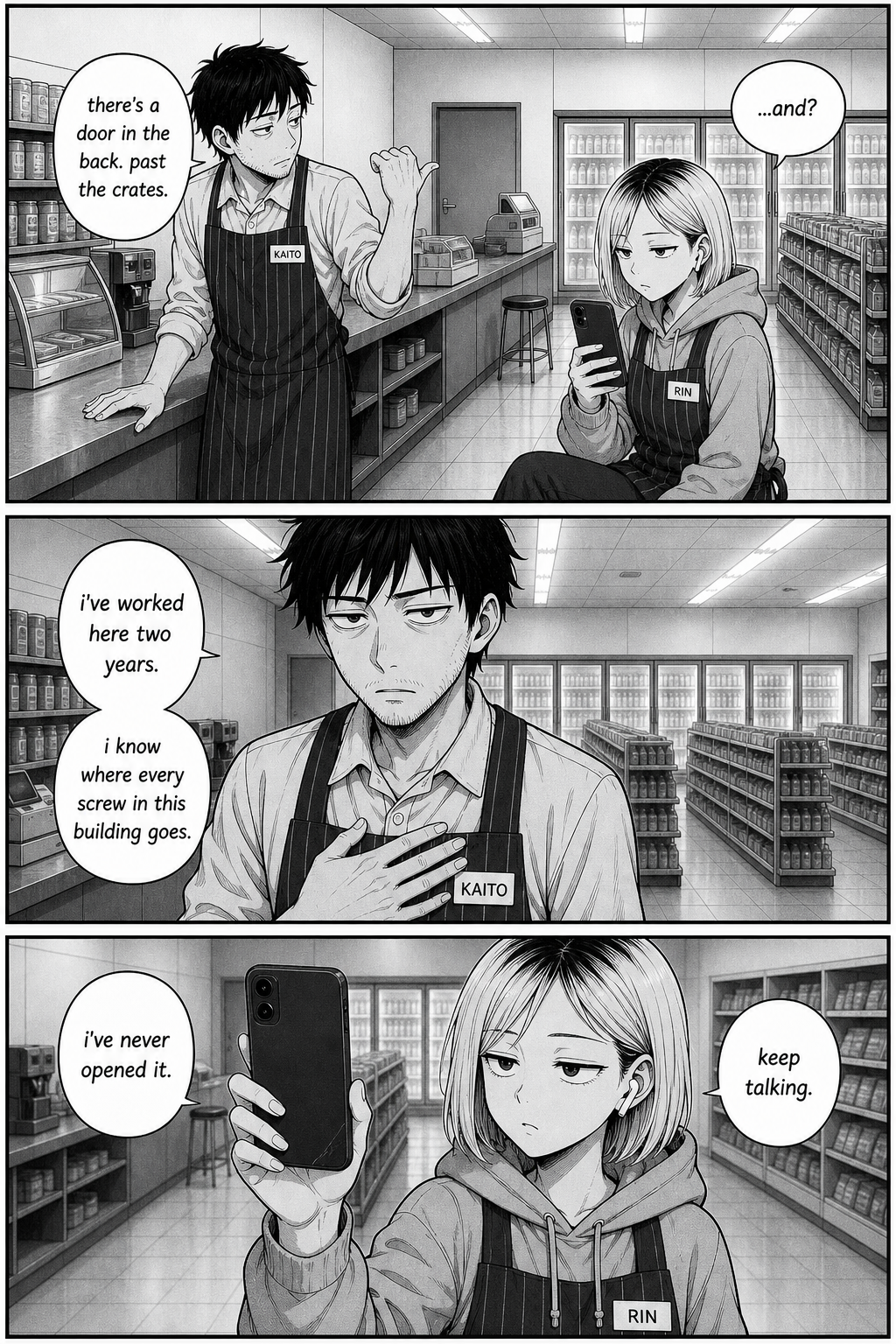 At the counter Kaito thumbs back over his shoulder talking to Rin, who scrolls her phone; he presses a hand to his chest; she lifts the phone to film him.