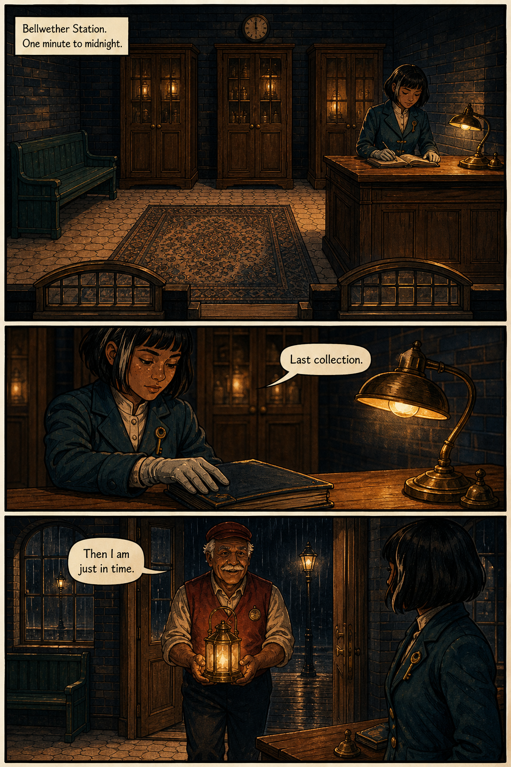 Iona closes the archive ledger as Bram arrives carrying a glowing brass lantern at midnight.