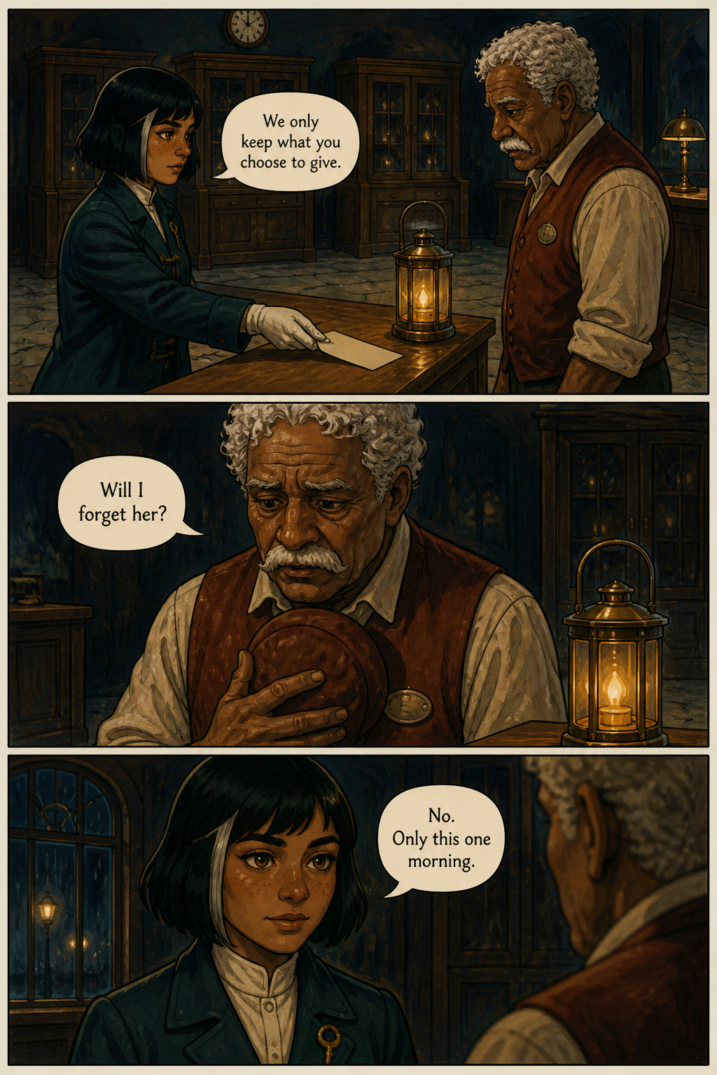 Iona presents a consent card while Bram asks whether surrendering the sunrise will make him forget Ada.