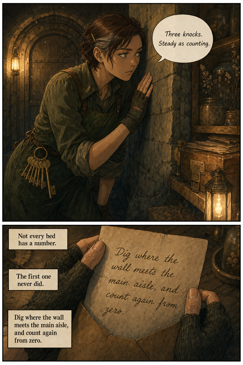 Fern listens with her palm pressed to the vault wall where the knocking comes from; lamplight falls on a handwritten note from the envelope.