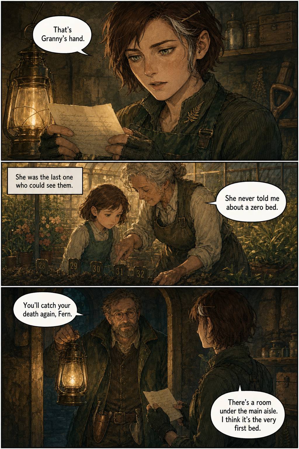 Fern recognizes her grandmother's handwriting; a warm flashback shows a young girl being taught to count numbered beds; Wren arrives with a lantern.