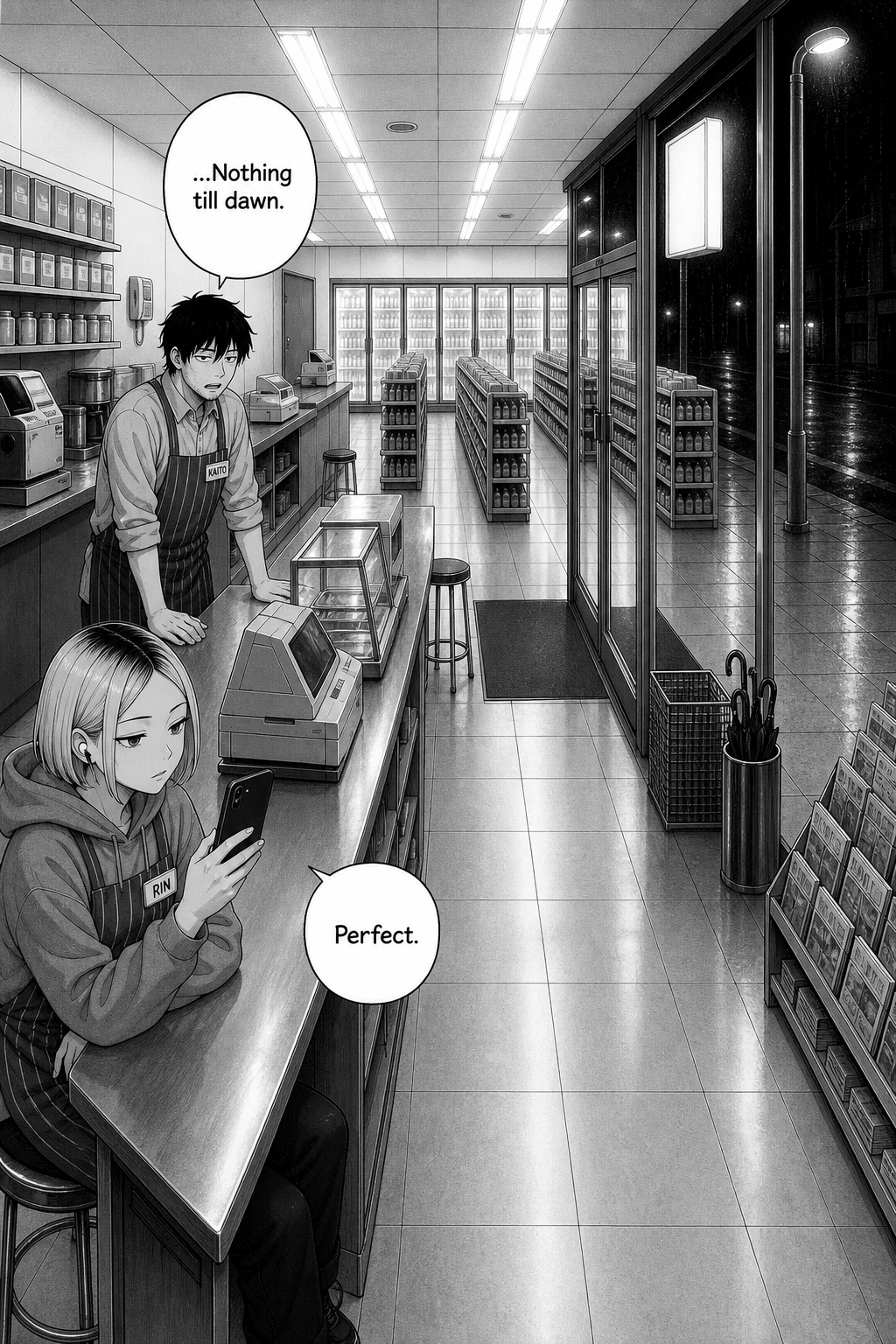 A wide 3 A.M. shot across the empty convenience store toward the west counter; Kaito stands behind the bare counter and Rin sits on a stool checking her phone.
