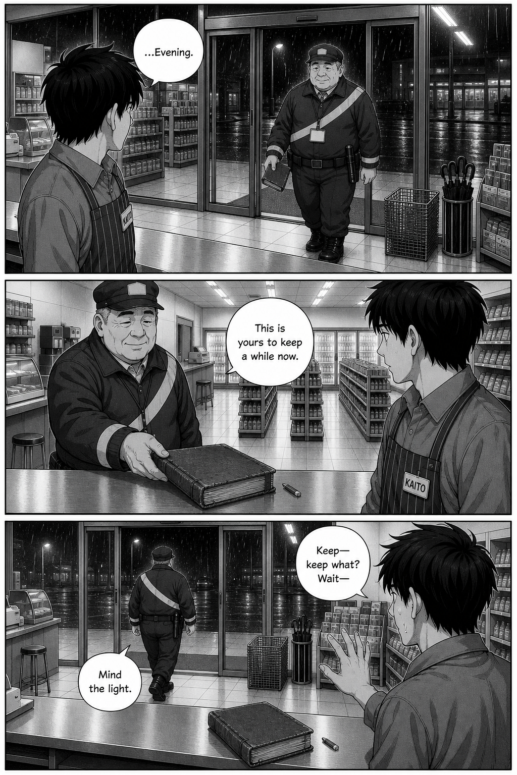 A heavyset night watchman in a navy uniform enters through the sliding doors and sets a worn old logbook and a pencil on the counter before a puzzled Kaito.