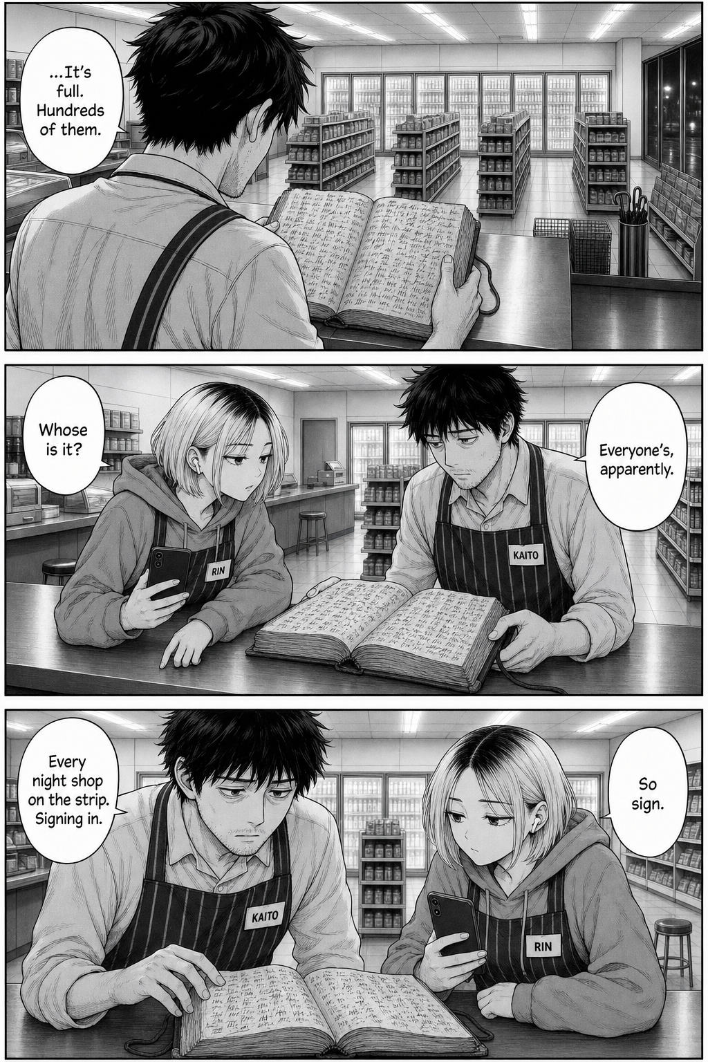 Kaito opens the fat old book on the counter to find its pages densely covered with marks made by many hands; Rin glances over.