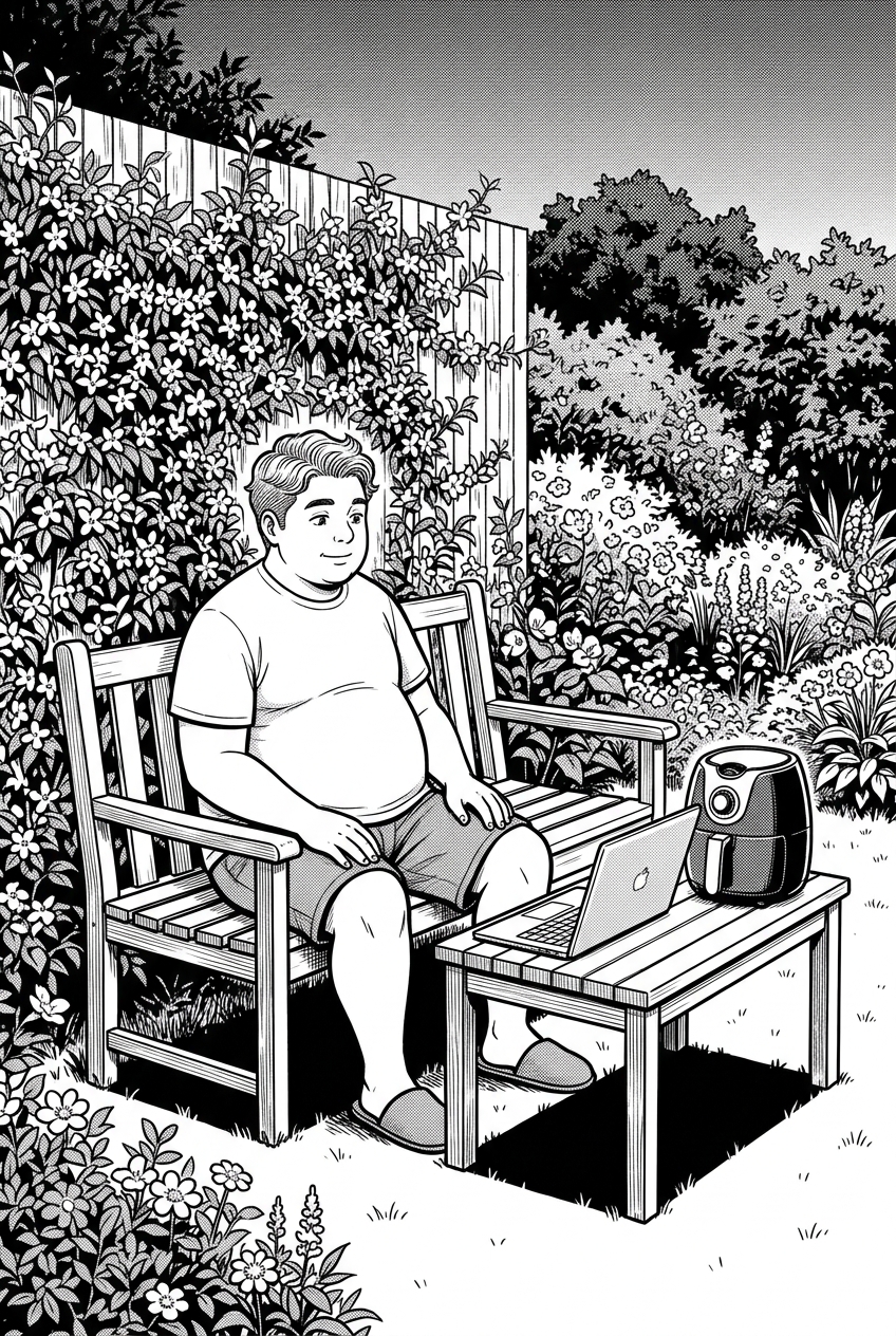Kai sits on a wooden bench in his small flower garden, with an open laptop and a secondhand airfryer on the table before him.