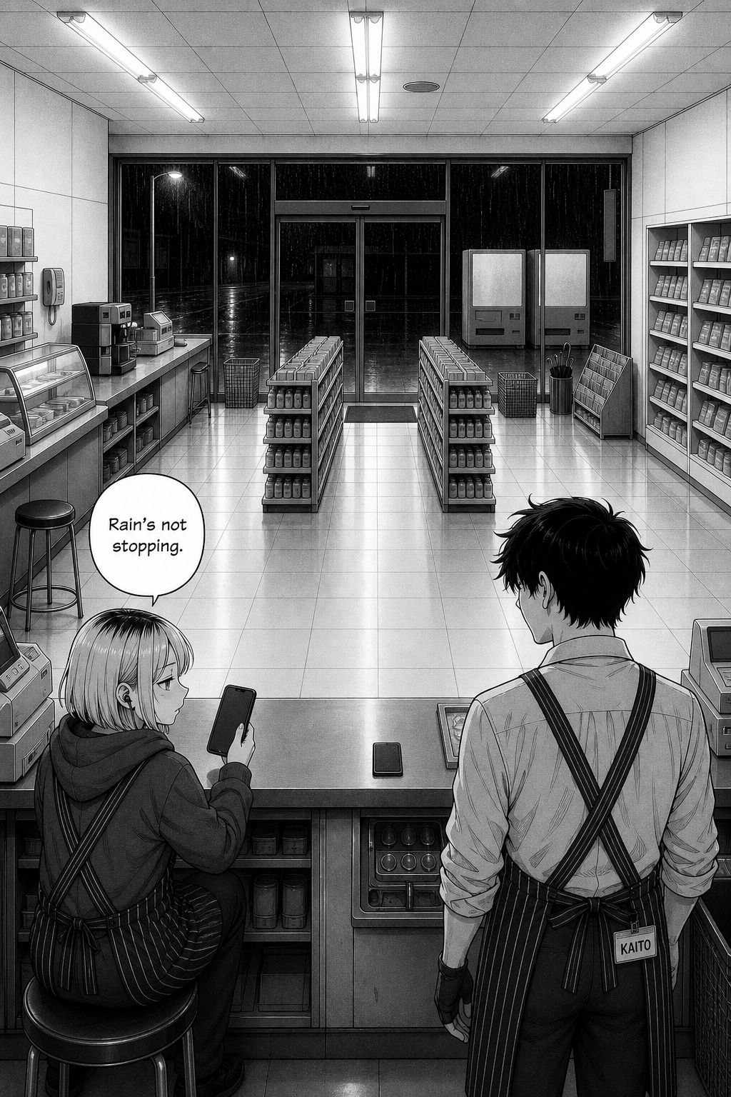 A quiet convenience store at night seen from behind the counter; through the glass doors, two vending machines stand with their backs to the shop.