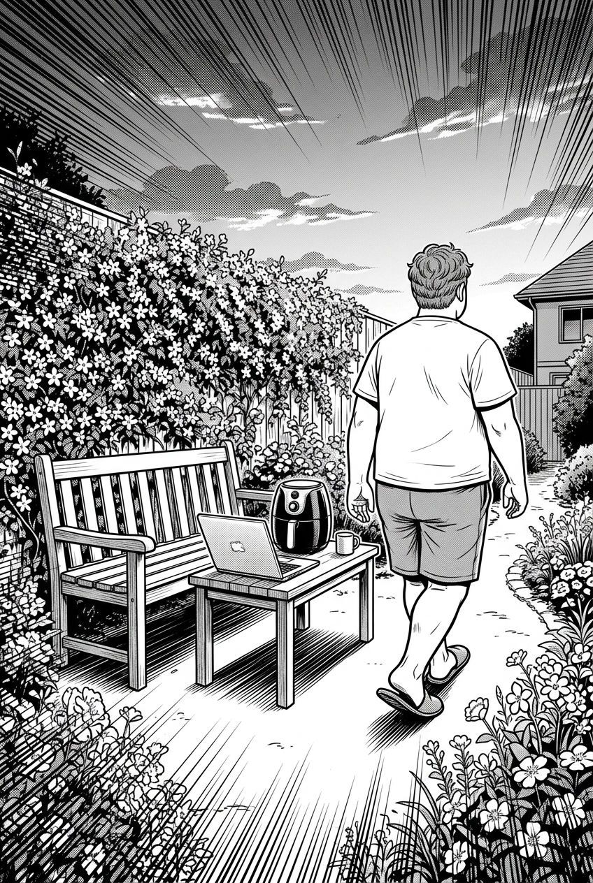Kai walks away from the garden bench toward the house while the laptop and airfryer remain on the table.