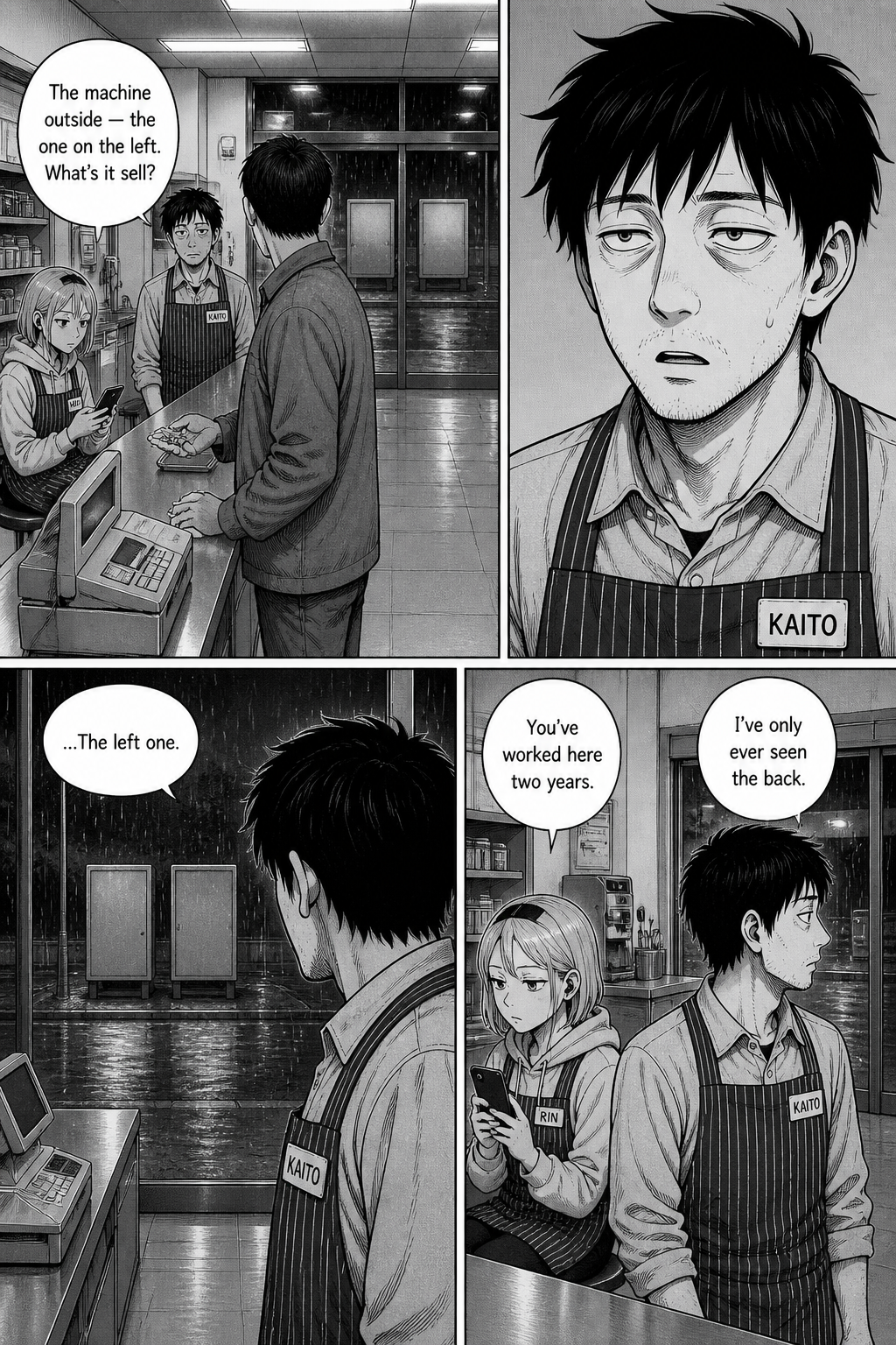 A customer at the counter asks Kaito what the machine outside sells, and Kaito realizes he doesn't know.