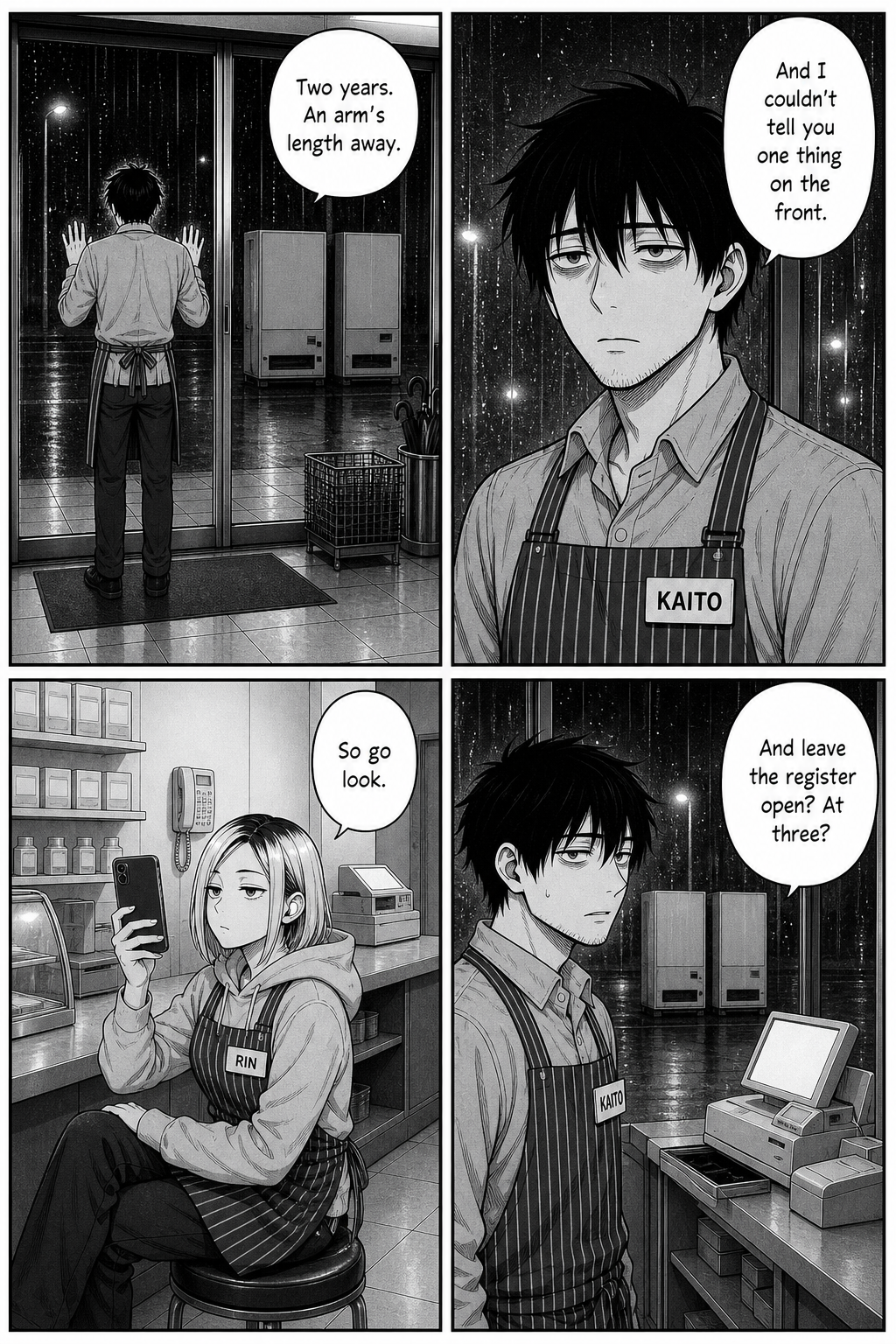 Kaito stares out the window at the machines' backs while Rin tells him to just go look.