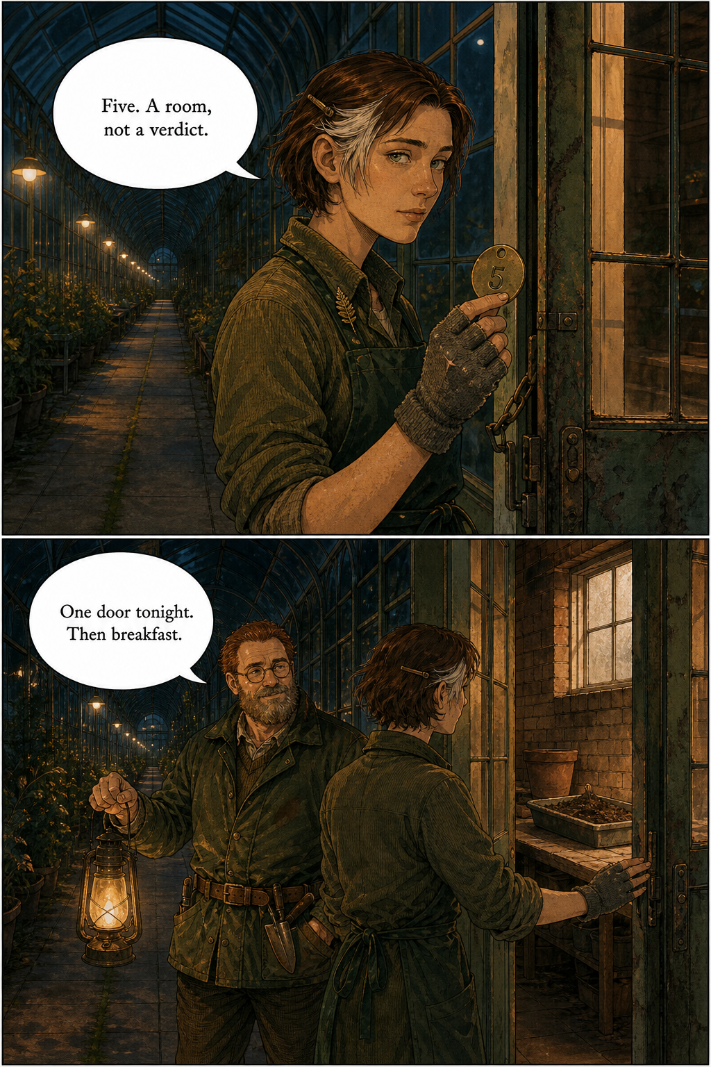 A two-panel comic set in a long, dimly lit greenhouse at night. In the top panel, a woman holds a brass tag numbered '5' near a door. In the bottom panel, she opens the door while a bearded man with a lantern stands beside her.