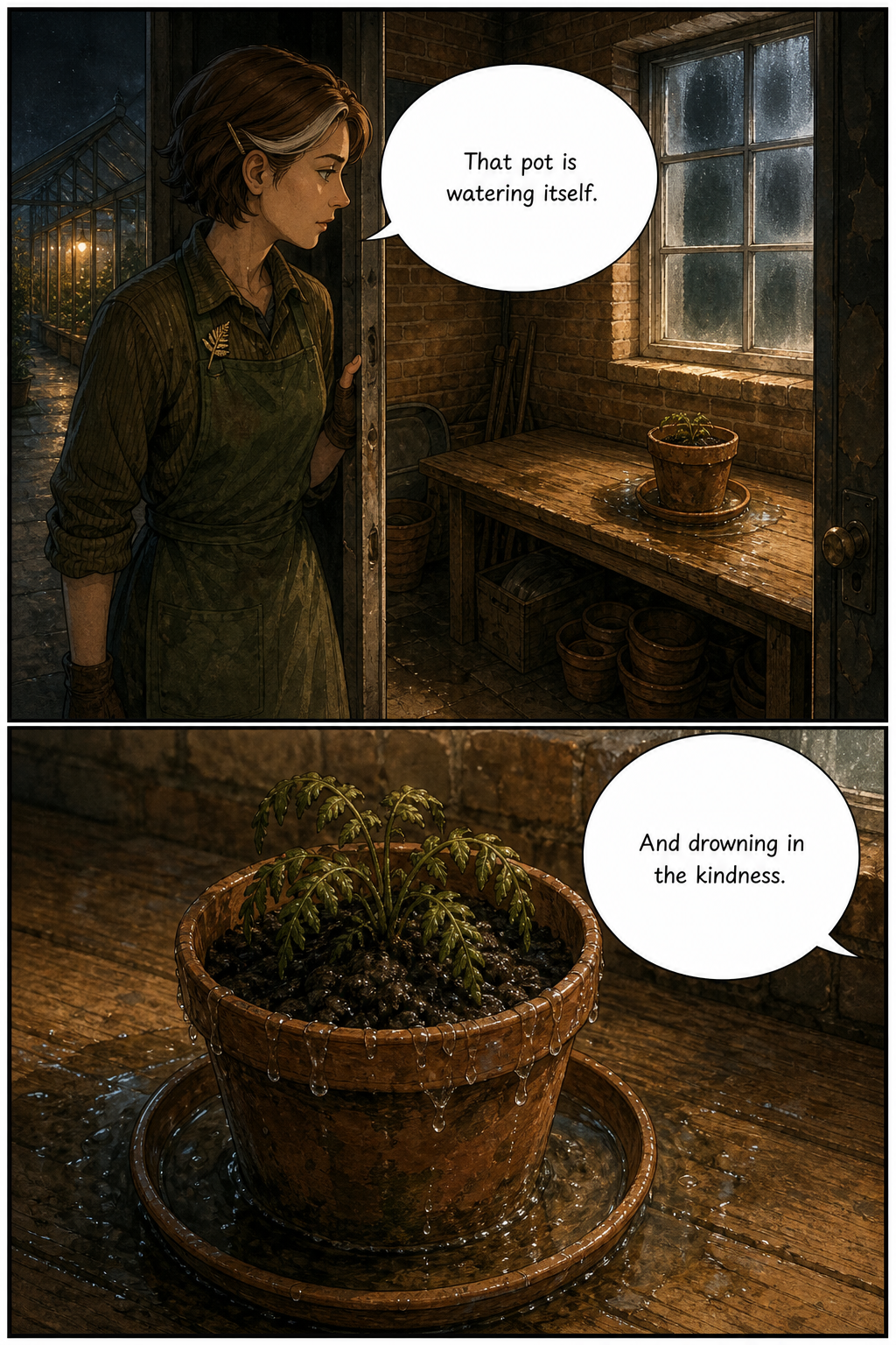 A two-panel comic page. In the top panel, a woman peers through a doorway into a potting shed where a plant pot on a wooden workbench is overflowing with water. The bottom panel is a close-up of the same terracotta pot, saturated and dripping into a saucer.