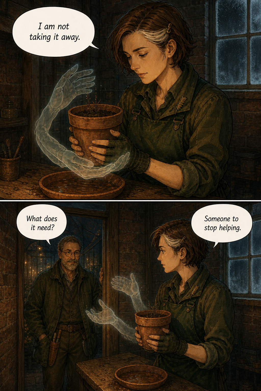 A two-panel comic page set in a dimly lit workshop. In the top panel, a woman holds a potted plant while translucent, glowing ghostly hands hover around it. In the bottom panel, she speaks to a man standing in a doorway while the ghostly hands gesture toward the plant.