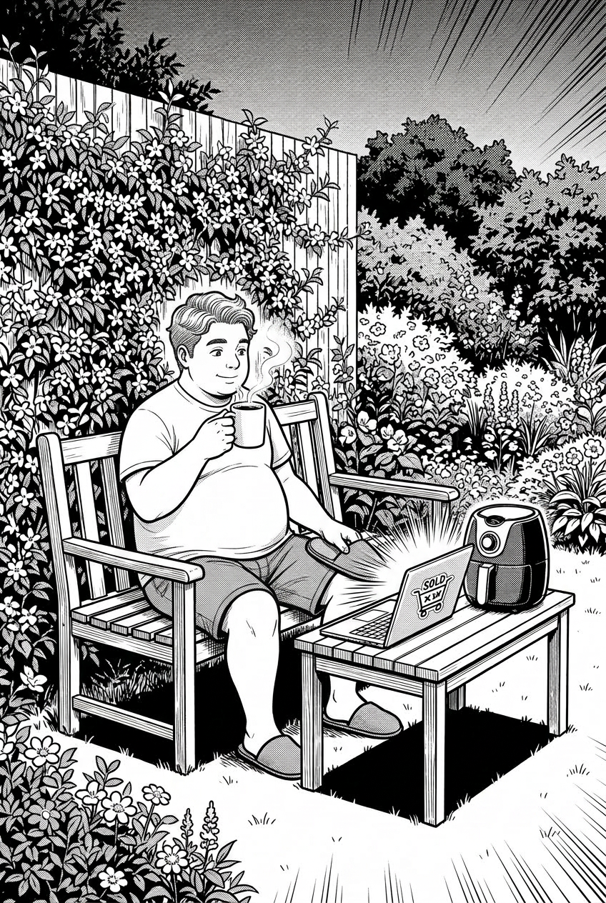 Kai returns to the garden with coffee, sits beside the jasmine fence, and sees on his laptop that the airfryer has sold.