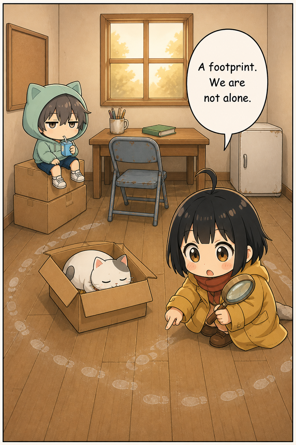 Wide view of the Tiny Case Agency clubroom in warm afternoon light. A chibi girl in an oversized mustard-yellow coat and red scarf crouches low, pointing at a curving line of pale dusty boot-prints on the wooden floor. A chibi boy in a mint-green cat-ear hoodie sips a juice box on the cardboard boxes, and a round white cat sleeps in an open box that the trail loops around.