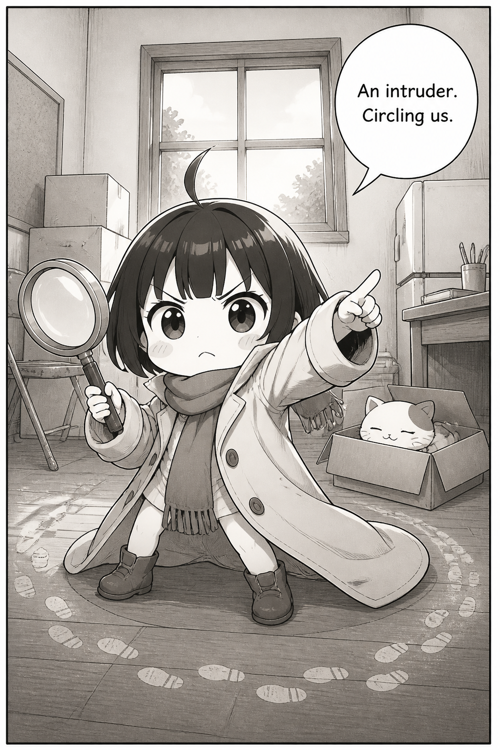 Low-angle view of the chibi girl in the mustard-yellow coat and red scarf, holding her magnifying glass in one hand and flinging her other arm out to point, her coat flaring behind her like a cape as she scowls with conviction. Pale dusty boot-prints run across the floorboards around her boots.