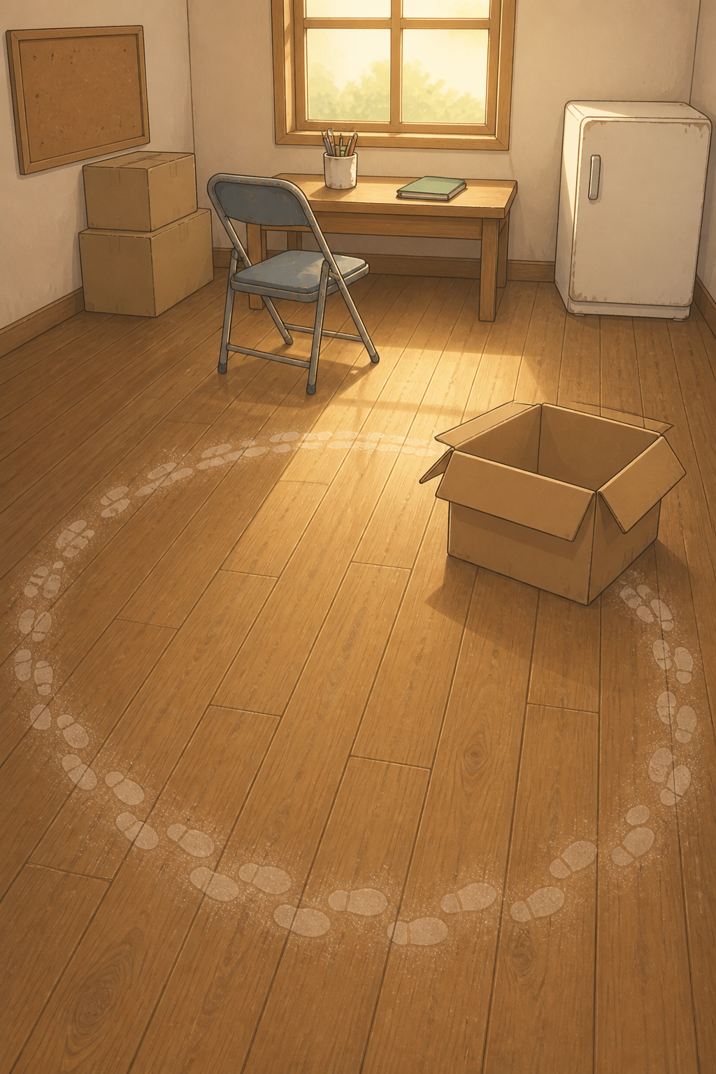 A silent close view straight down the warm wooden clubroom floorboards. A trail of identical pale dusty boot-sole prints runs in a walking stride, curving round in a wide arc that begins to close into a loop as it passes an open cardboard box. Dust motes drift in the sunbeam. No characters, no text.