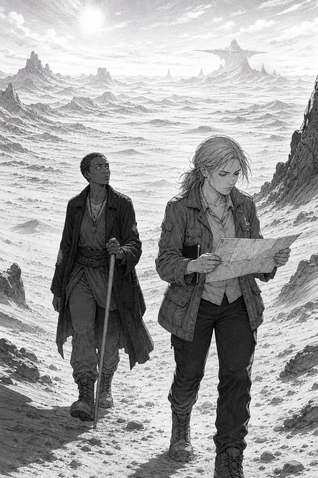 Merel Vosberg, a fair-skinned woman with dark blonde hair tied back, wears an olive-grey field jacket and dark trousers, looking down at a map she holds in both hands, while Adai, a dark-skinned woman with short dark hair, wears a long dark coat and carries a walking stick, looking toward the left with sightless eyes, as they both walk across a desolate, rocky, and uneven landscape under a bright sun.