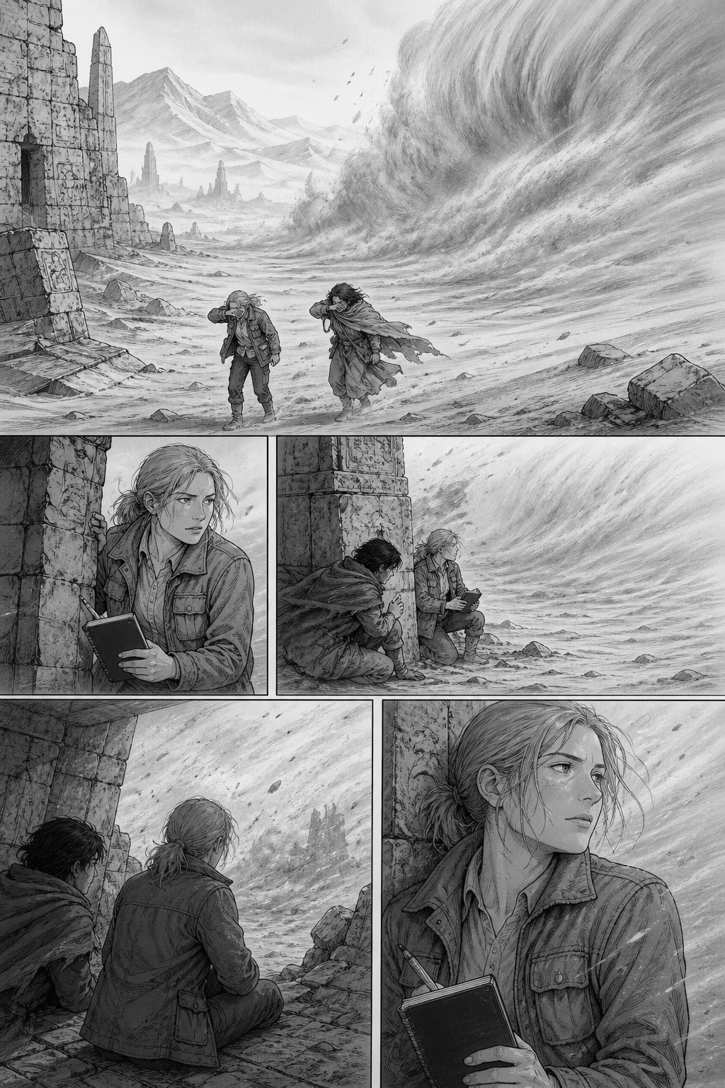 Merel Vosberg and another person are caught in a massive sandstorm within an ancient ruined city, taking shelter behind stone structures.