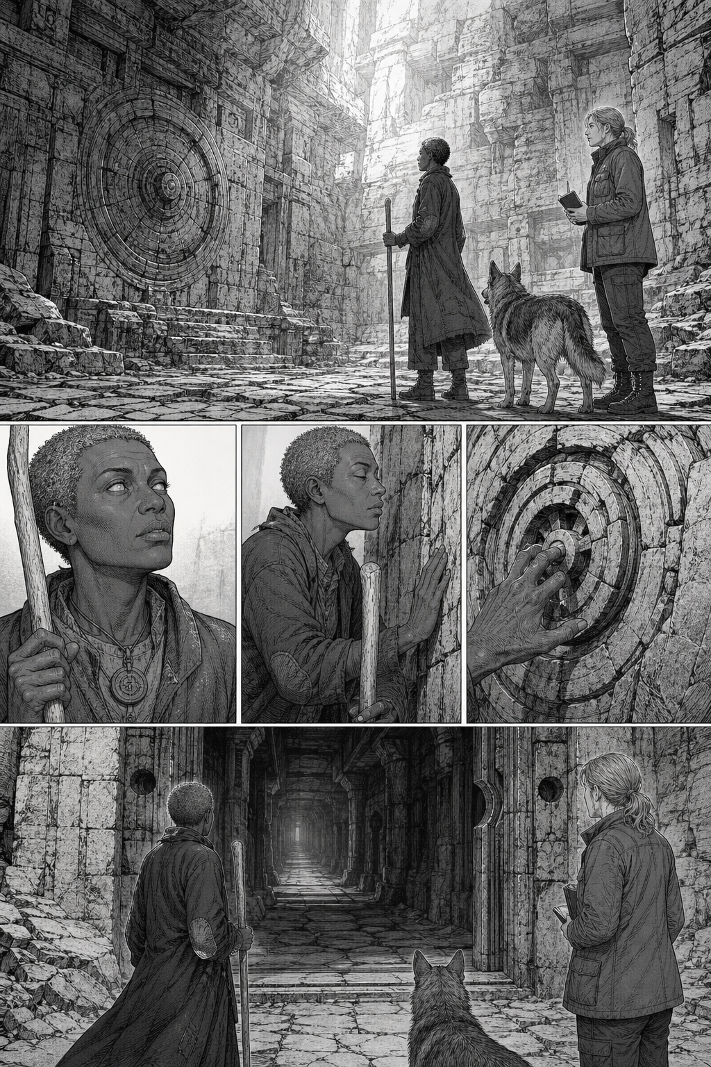 Merel, Adai, and a wolf stand in a large stone chamber with intricately carved walls, with Adai later touching a circular mechanism and then standing before an opened passage.