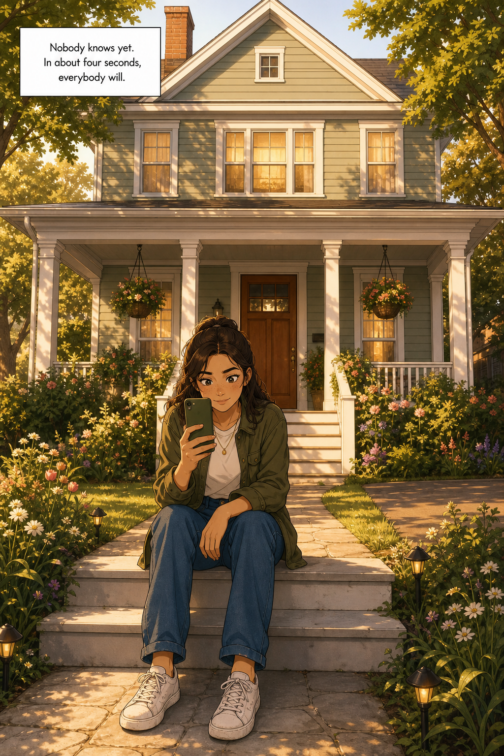 Lizzie Bennet sits alone on the front steps of her family's pale green clapboard house in golden morning light, holding her phone up in front of her with her thumb hovering above the screen.