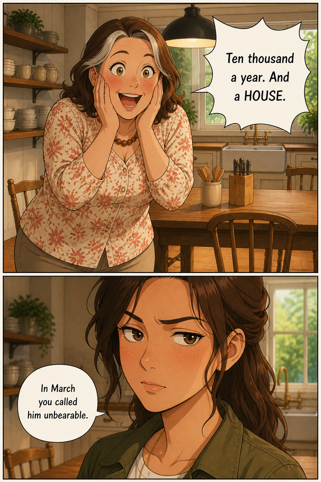 In the Bennet kitchen, Mrs. Bennet presses both hands to her cheeks in delight while Lizzie stares back completely deadpan.