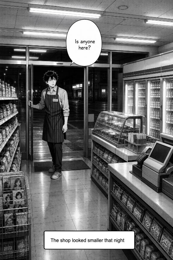 Kaito Mori, a young man in a convenience store apron, stands just inside the open glass doors of a brightly lit convenience store at night, looking around with a confused expression.