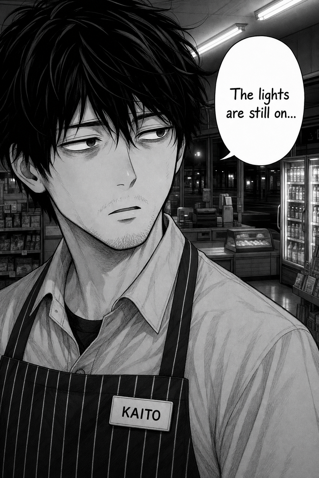 Kaito, a young man with messy dark hair and stubble, wears a striped apron with a "KAITO" name tag over a collared shirt, and looks to his left with a tired expression as he stands in a convenience store with shelves of products and refrigerated display cases in the background.